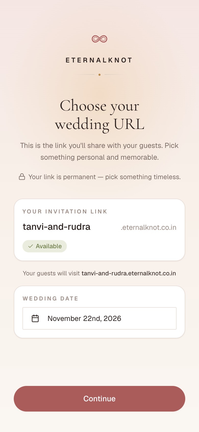 The first screen after signing up, asking for the wedding date and the invitation’s web address