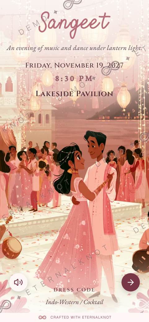 Rani Pichola template — sangeet on a lantern-lit lakeside pavilion